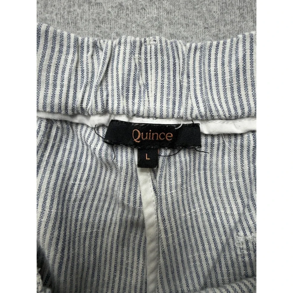 Quince 100% Linen Pants Womens Blue Pinstripe Large Pull On Casual Straight Leg
